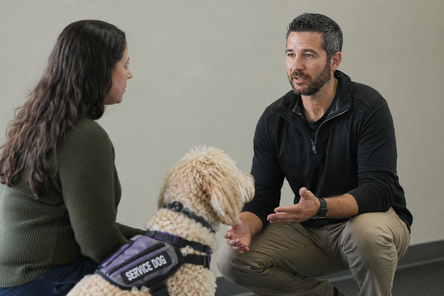 Greg coaching a handler during a service dog training session