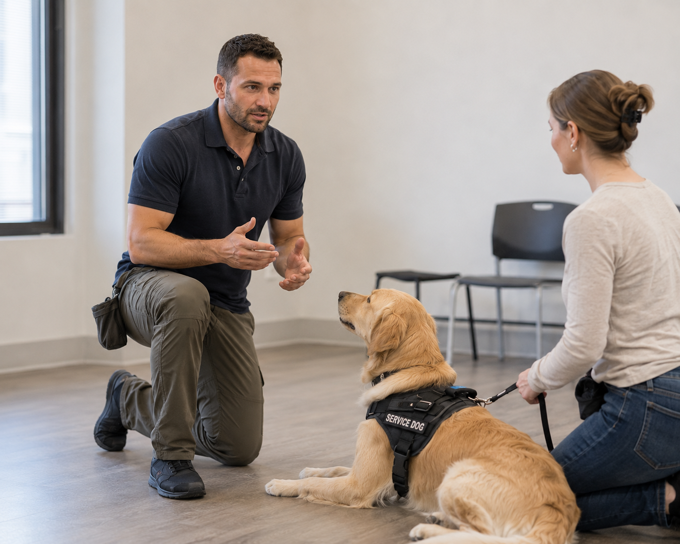 Greg coaching a handler and service dog during a training session